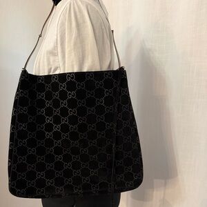RARE Vintage Gucci Black Suede Monogram Metal Horsebit Strap Hobo Bag